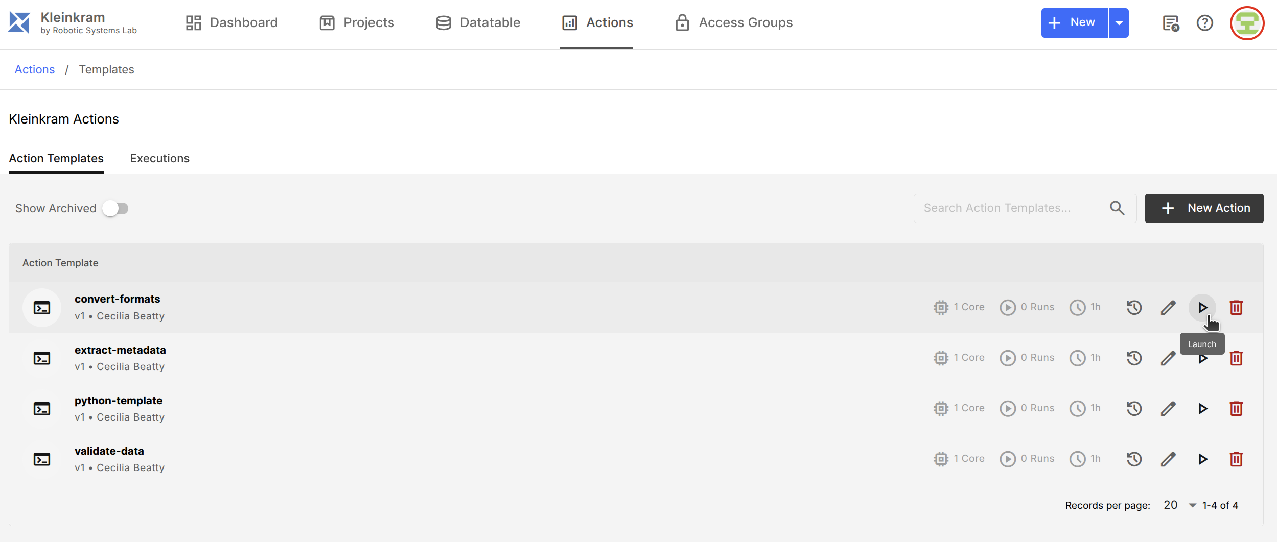 Launch Kleinkram Actions